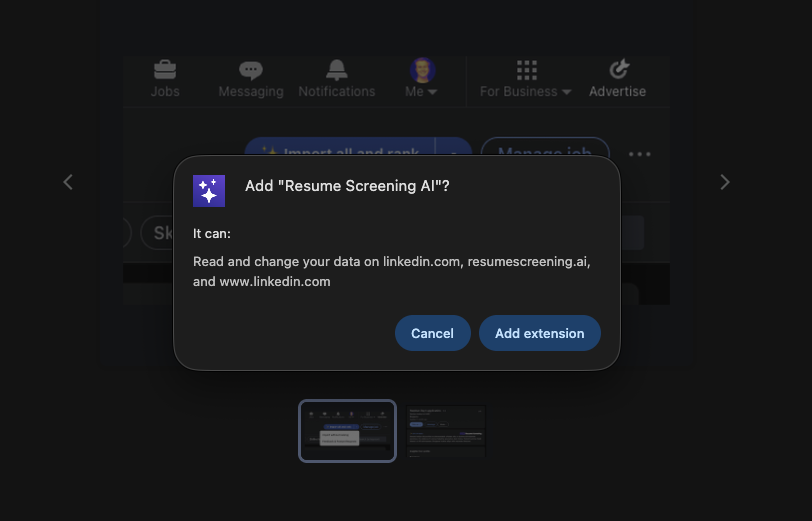 Chrome Add Resume Screening AI confirmation dialog listing the requested permissions