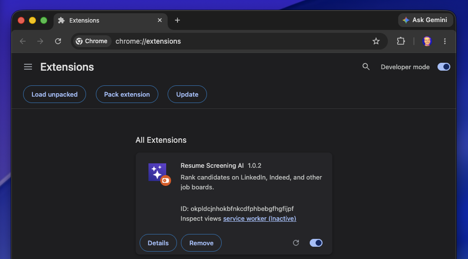 Chrome Extensions page with Developer mode enabled and the Load unpacked button ready to install Resume Screening AI