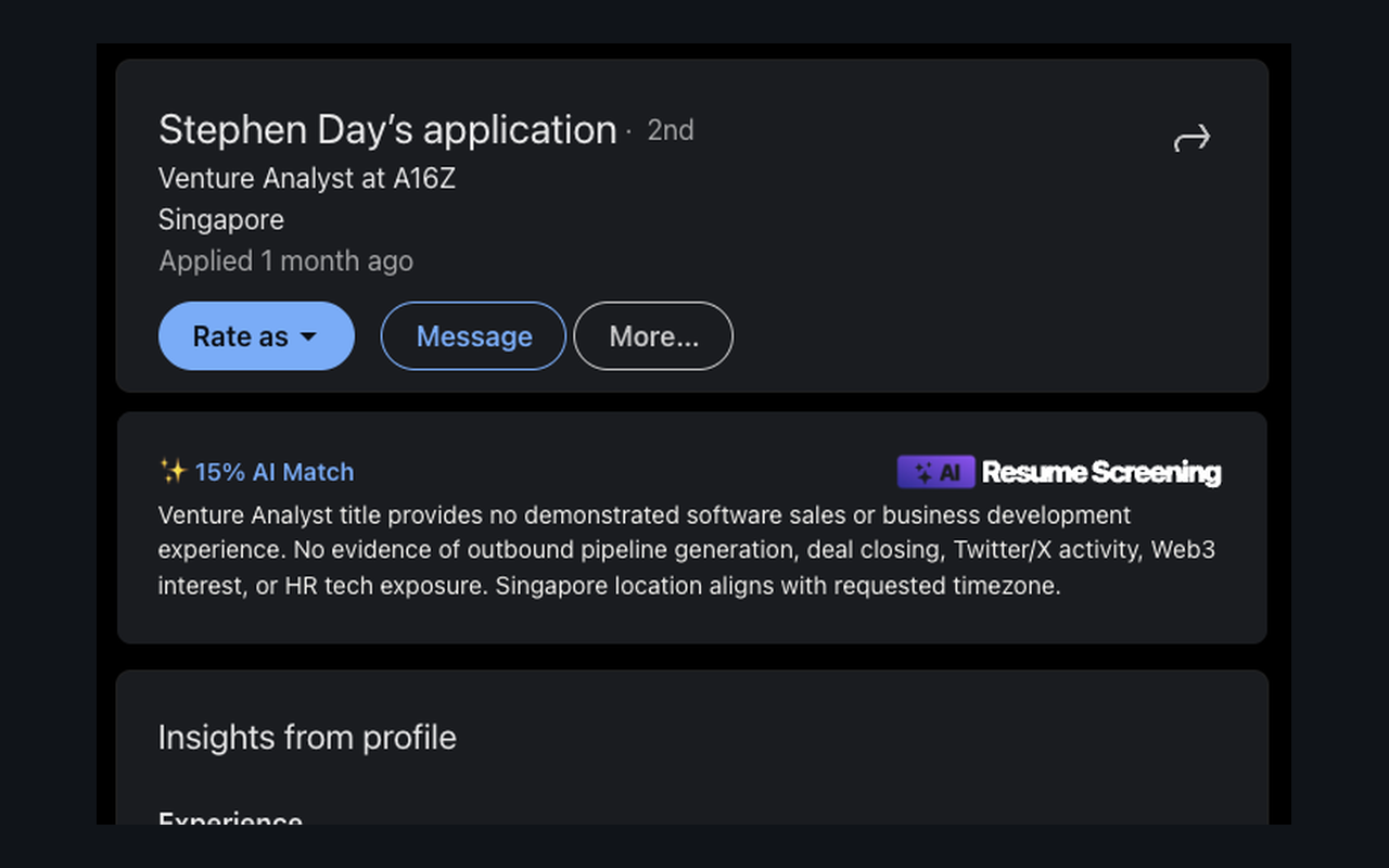 LinkedIn AI candidate screening match percentage and explanation shown on an applicant profile